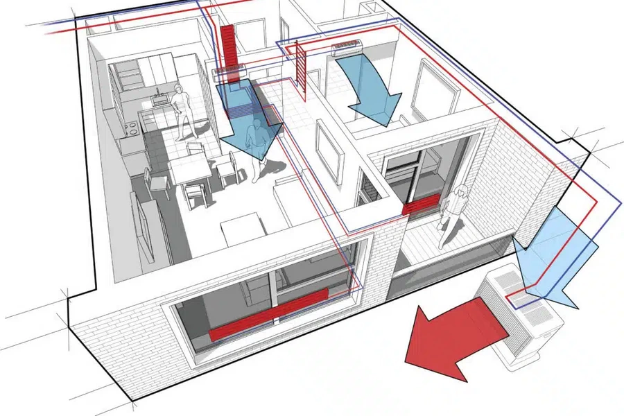 Blueprint of a new house with HVAC system layout, showcasing the planned installation of air ducts, vents, and cooling units for optimal indoor climate control in new constructions.