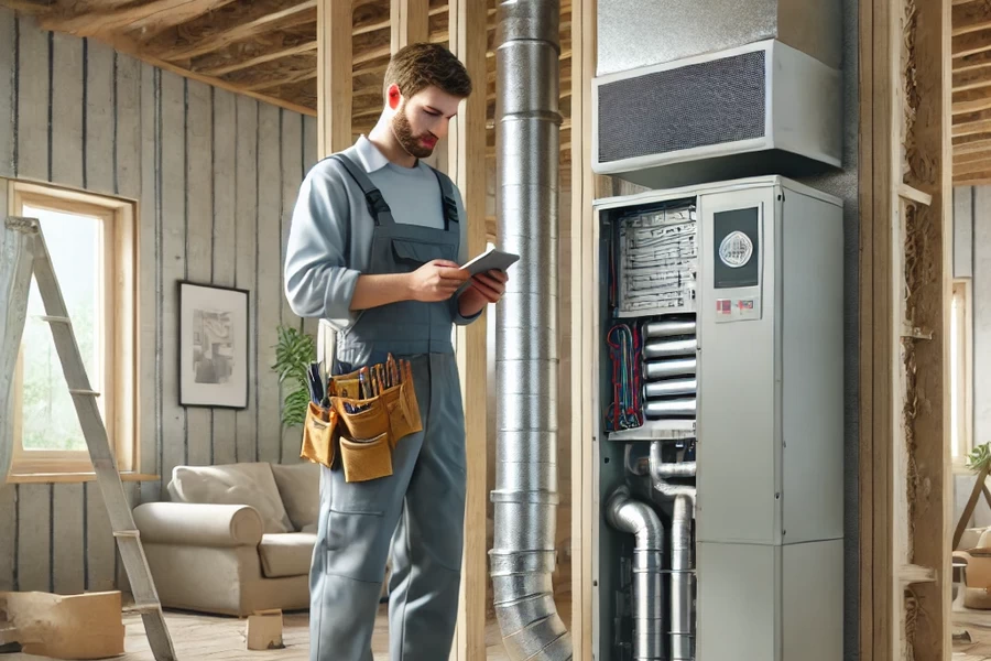 An HVAC technician in work attire is adjusting the heating and cooling system in a home during a renovation. The technician is using tools to ensure the system is properly set up for the changes being made to the home.