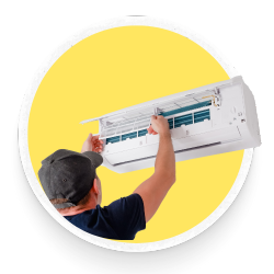 Icon representing HVAC installation for residential and commercial properties in Toronto, featuring a house and building silhouette with ventilation and cooling symbols.